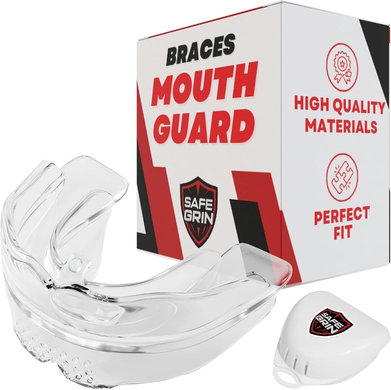 SAFE GRIN Braces Mouth Guard for Braces for Sports - Premium Silicone Upper & Lower Teeth Protection - Football, Lacrosse, Hockey, Baseball - Fit for Youth and Teens - Image 1